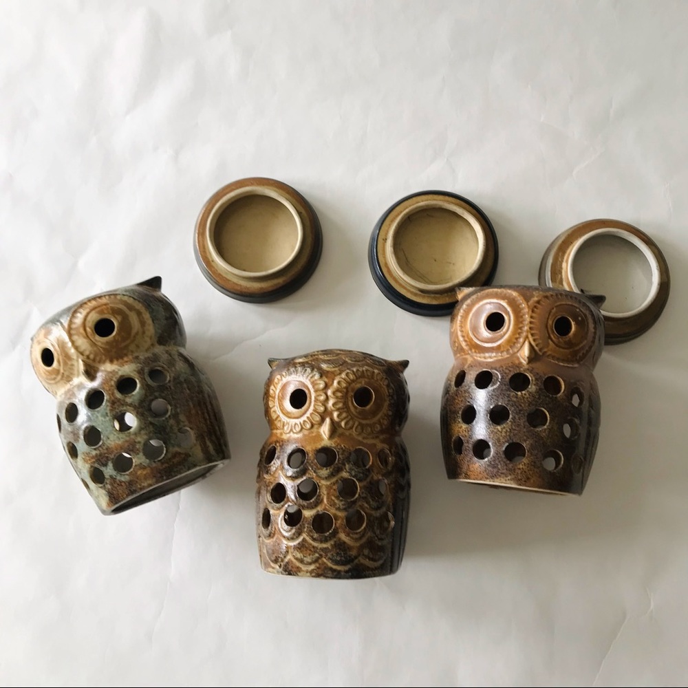 VINTAGE | Owl Tea Light Holders Glazed Pottery Porcelain 1960s 1970s Folk
